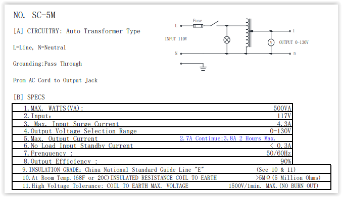 Variable Transformer SC-5M Output 0-130V @ 5A
