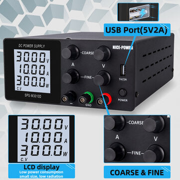 NICE-POWER SPS-W-D Series DC Power Supply Precision Adjustable Voltage Current 0-120V 0-5A Horizontal LCD Display Encoder Tuning 4 Rotary Knobs USB Output High Stability for Laboratory and Testing