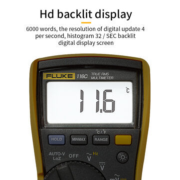 Fluke 116C Digital Multimeter, Measures AC/DC Voltage To 600V and AC/DC Current to 10A Measures Resistance Continuity Frequency and Capacitance Includes Holster and Silicone Test Lead Set