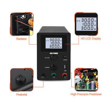 NICE-POWER R-SPS-D 3010D Power Supply 0-30V 0-10A Four-Digit Display USB 5V2A LCD Screen Low Ripple Compact Design