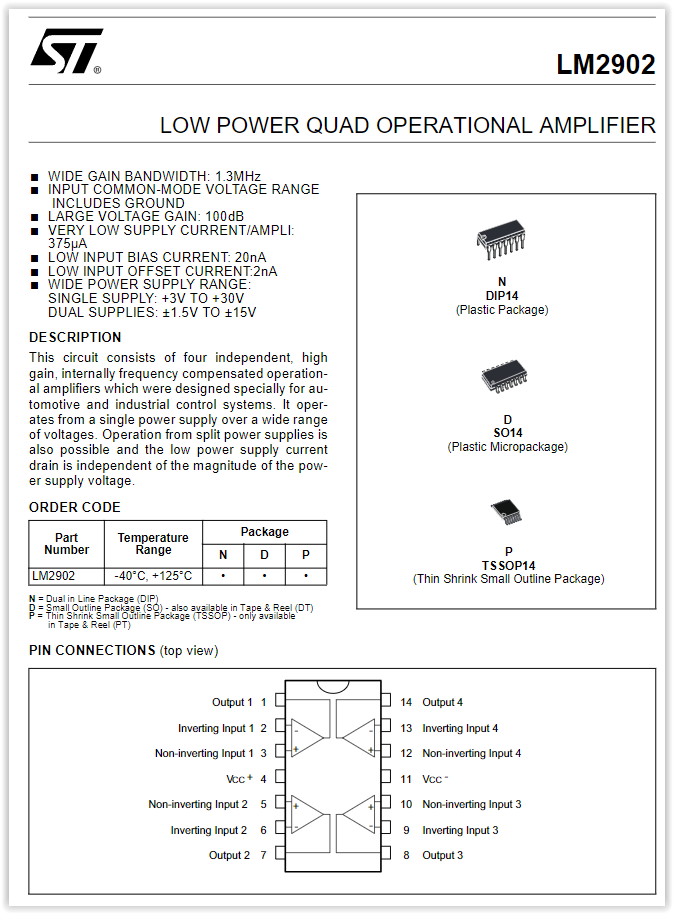 LM2902N, Quad, Low Power Operational Amplifier, Vs=3-20v, Iout=40mA/C