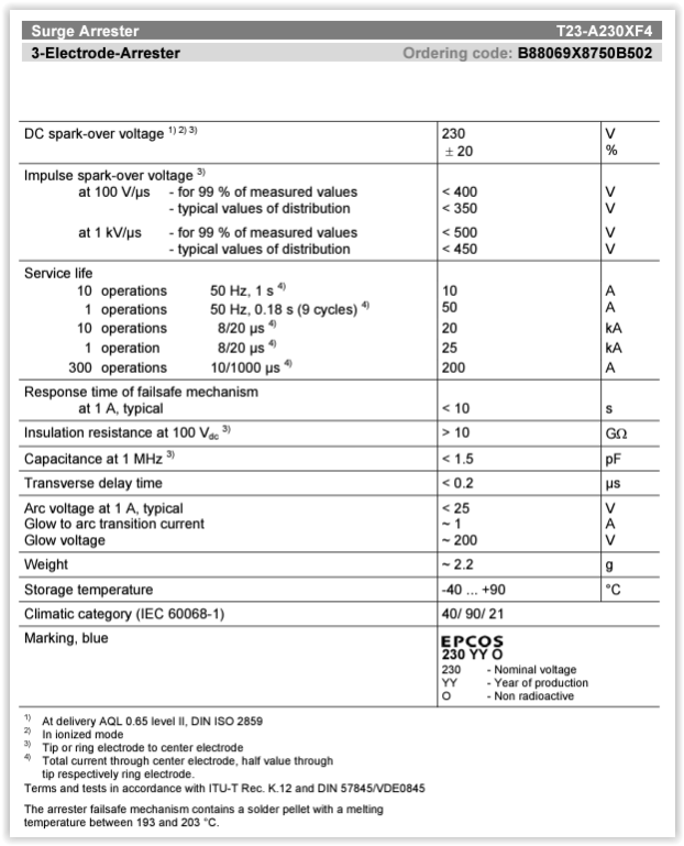 Gas Discharge Tube 230V, 20KA Surge Arrestor