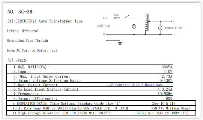 Variable Transformer SC-3M, Output 0-130V @ 3A